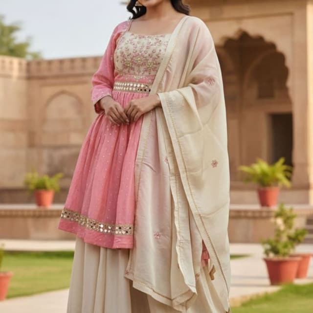 Pink, Beige, Gold Anarkali Suit