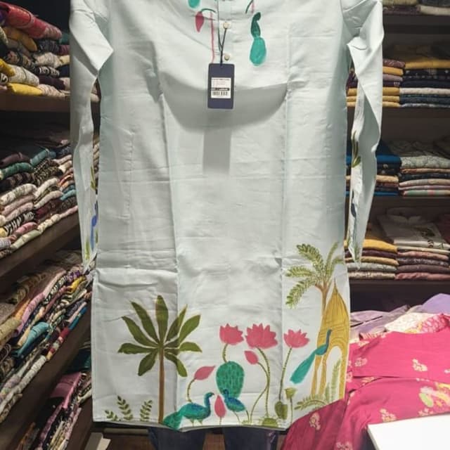 Pale blue with multicolor floral and peacock motifs Kurta