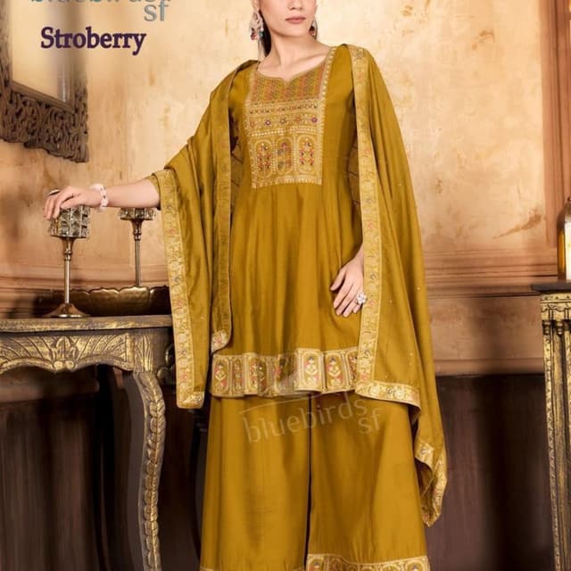 Mustard yellow with multicolor embroidery Salwar Kameez Suit
