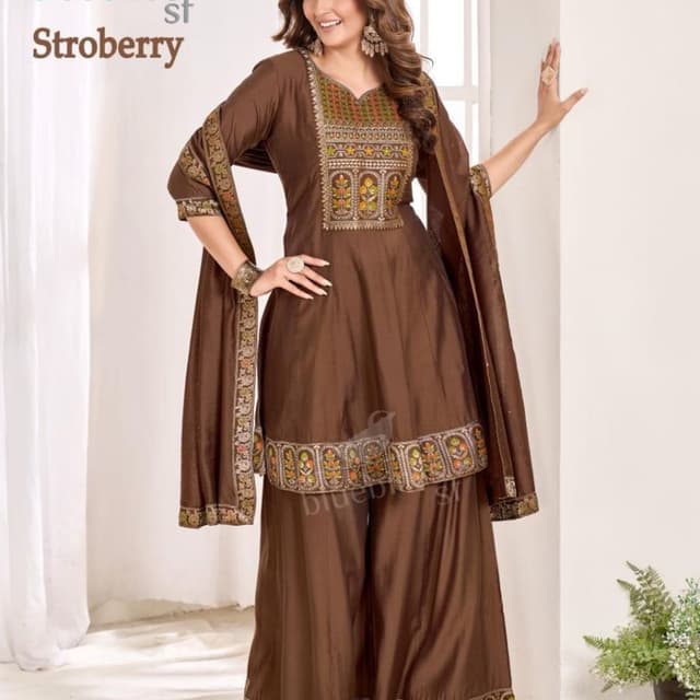 Brown, with multicolor embroidery accents Palazzo Suit