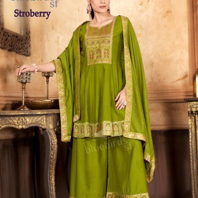 Green and gold with accents of pink, red, and beige Salwar Kameez with Palazzo Pants and Dupatta