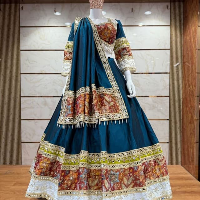 Teal, Red, Orange, Gold, White Lehenga Choli