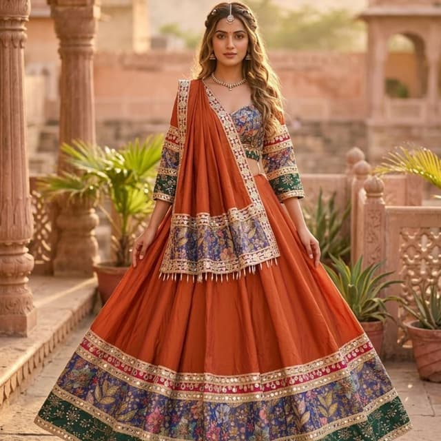 Burnt Orange, Blue, Green, Gold Lehenga Choli