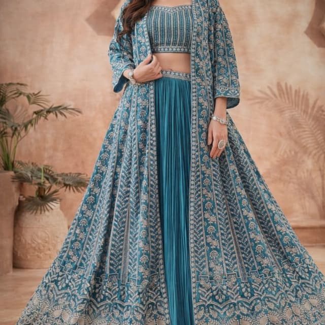 Teal, Beige Lehenga Choli with Jacket