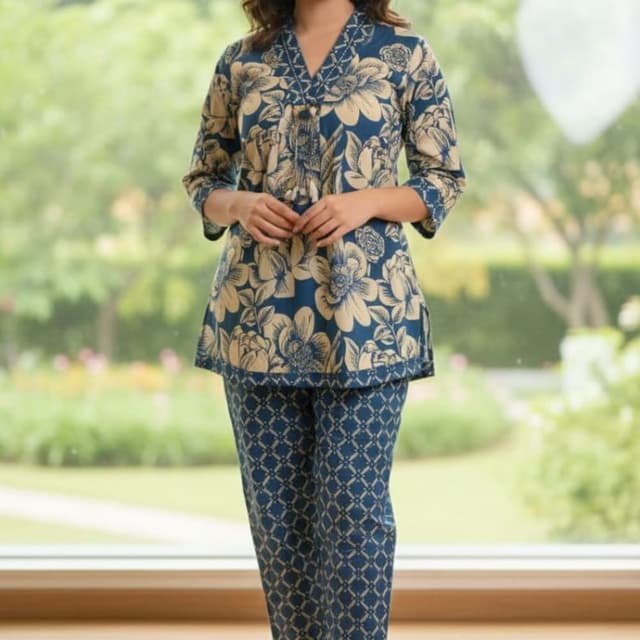 Blue and Beige Kurta and Pants Set