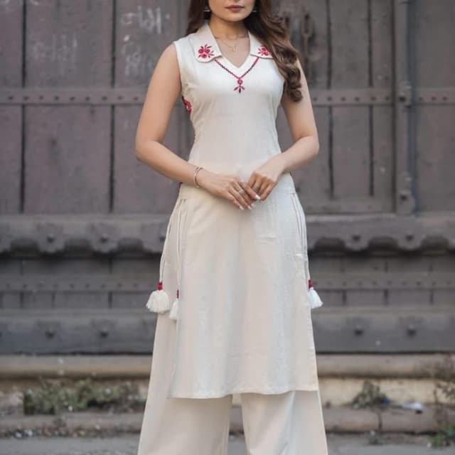 Ivory white with red accents Kurta with palazzo pants