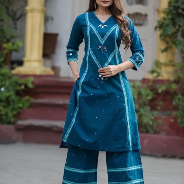 Teal and White Kurta Set