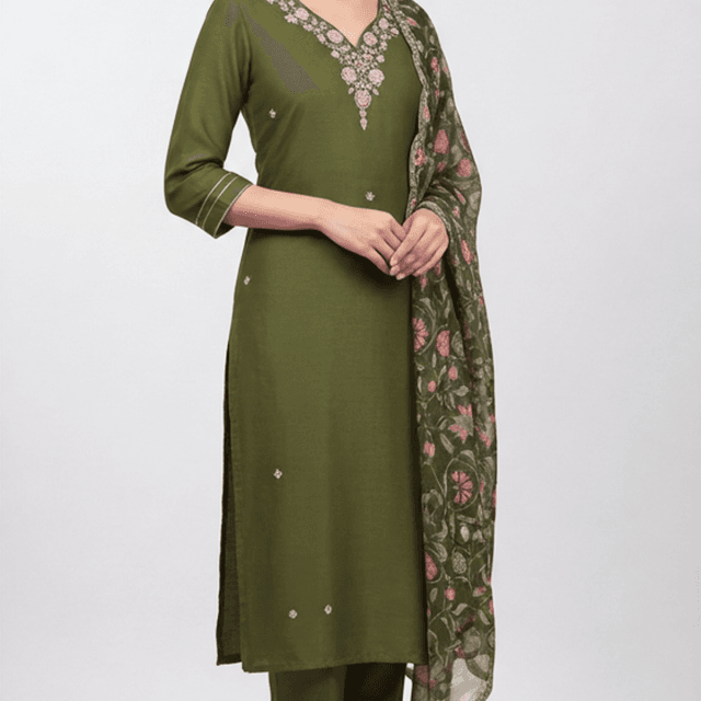Olive Green, Pink, White Salwar Suit