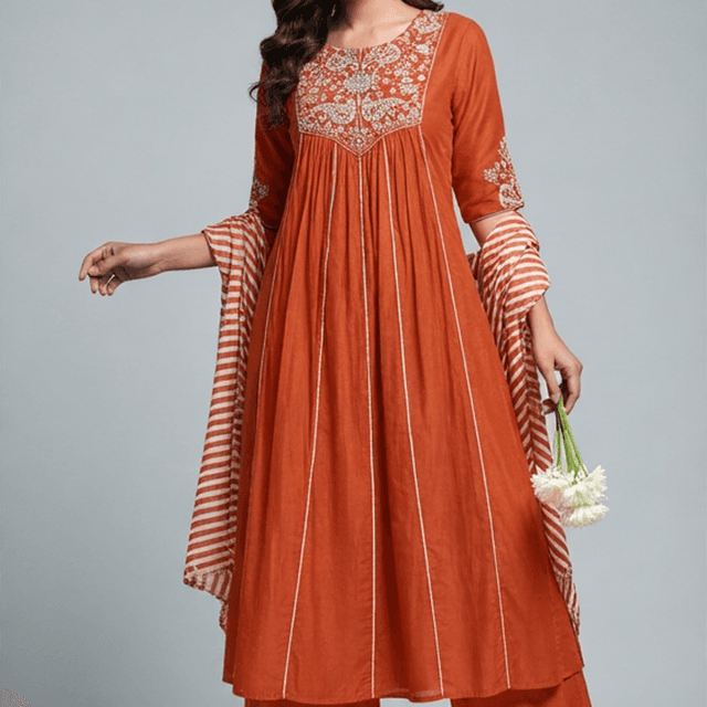 Terracotta and White Kurta with Pants and Dupatta