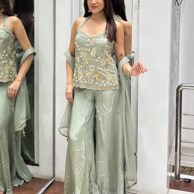 Sage Green and Gold Palazzo Suit