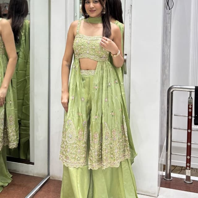 Pale Green, Gold, Pink Sharara Set