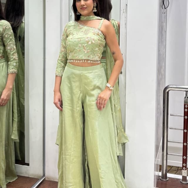 Light Green, Beige Palazzo Pant Suit