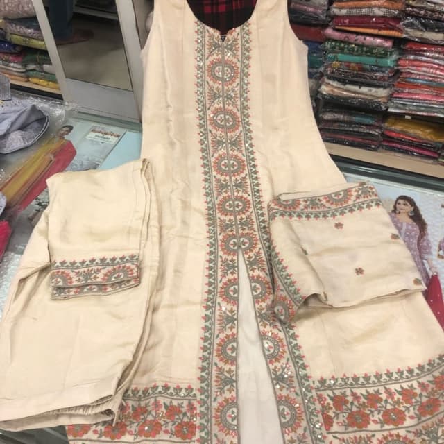 Cream, Coral, Gray, Silver Kurta Set (Kurta and Pants)