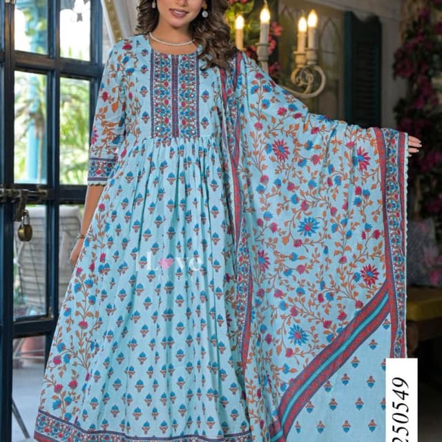 Sky blue with floral prints in shades of blue, red, and orange Anarkali Suit with Dupatta and Pants