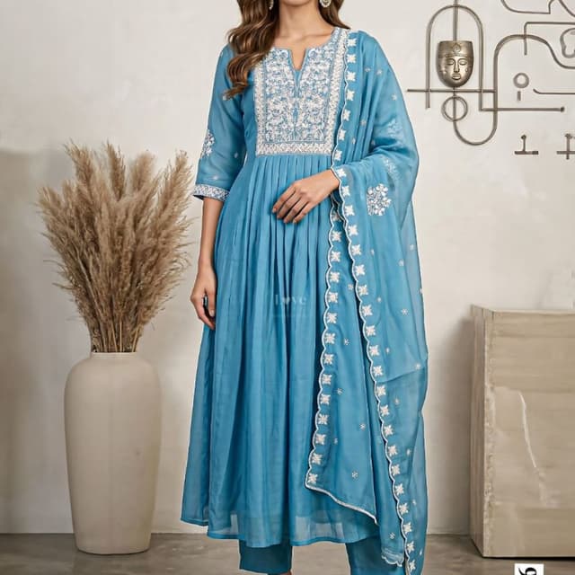 Blue and White Anarkali Suit Set