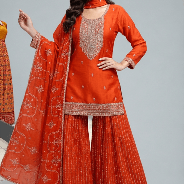 Bright Orange with Silver Embellishments Sharara Suit