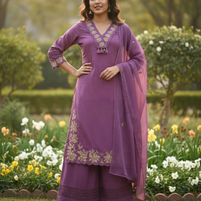 Purple Kurta Set with Palazzo Pants and Dupatta