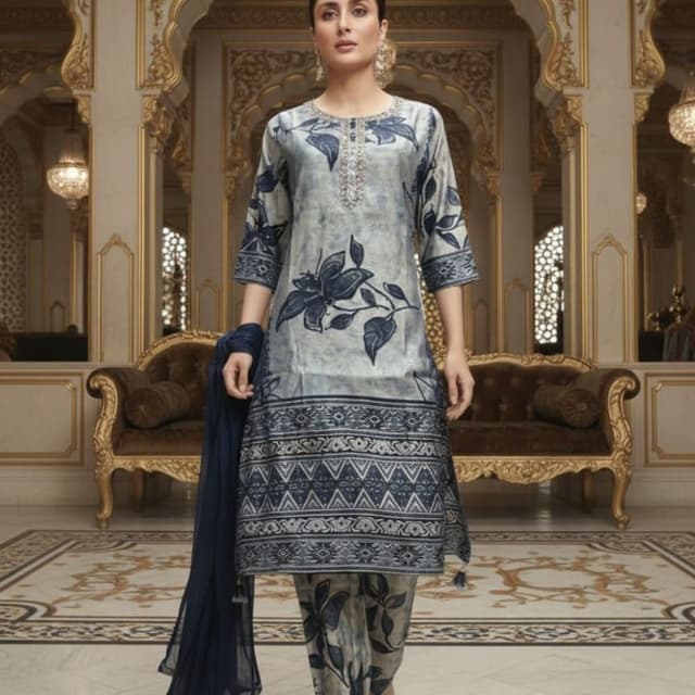 Grey and Navy Blue Salwar Kameez Set