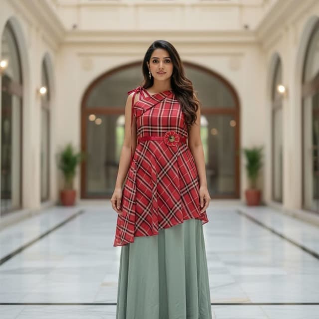 Red and Sage Green Anarkali Dress