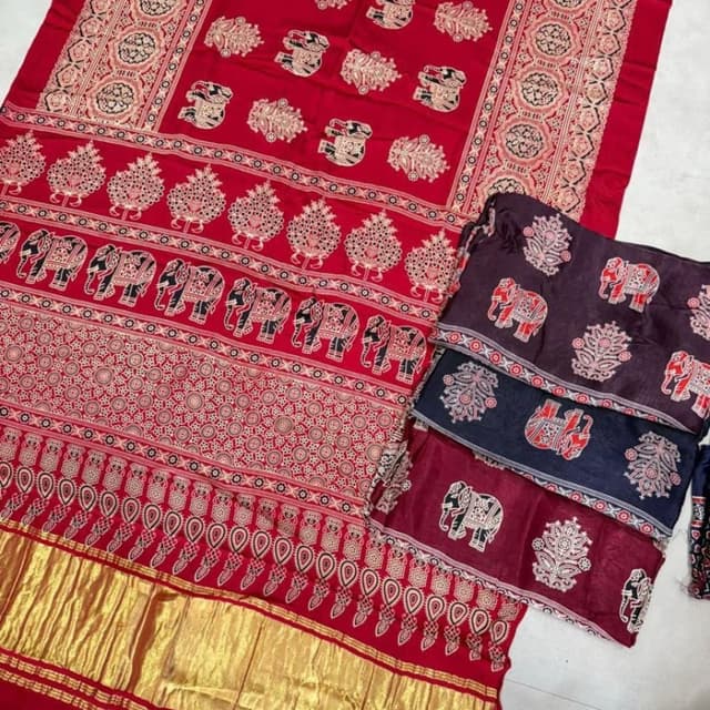 Red, Gold, Black, White, Maroon, Navy Blue Saree