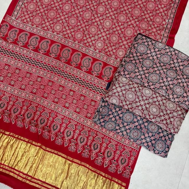 Red, White, Black, Gold Saree