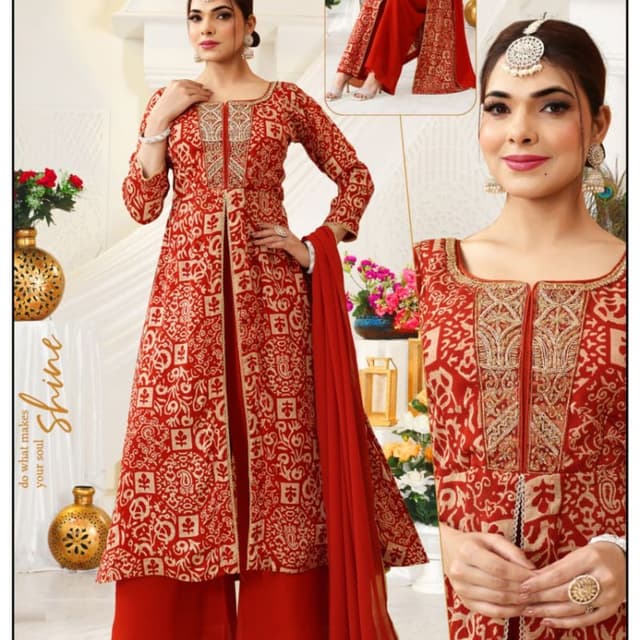 Red and Beige Kurta with Palazzo Pants and Dupatta