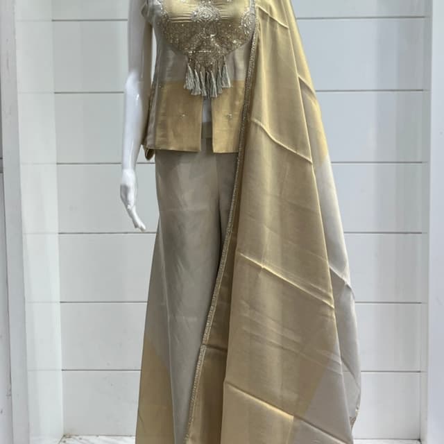 Gold and Beige 3-Piece Suit (Jacket, Pants, Dupatta)