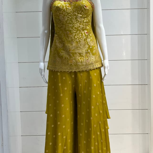 Olive Green with Gold Kurta Set with Palazzo Pants