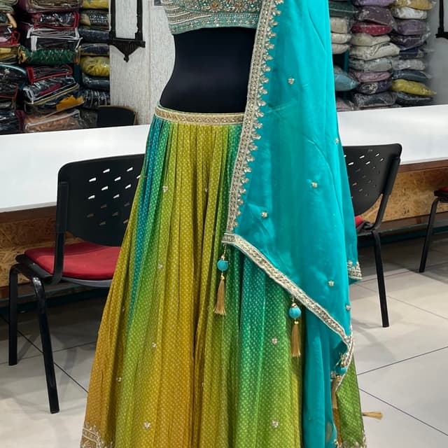 Yellow-Green Ombre, Teal Blue Lehenga Choli