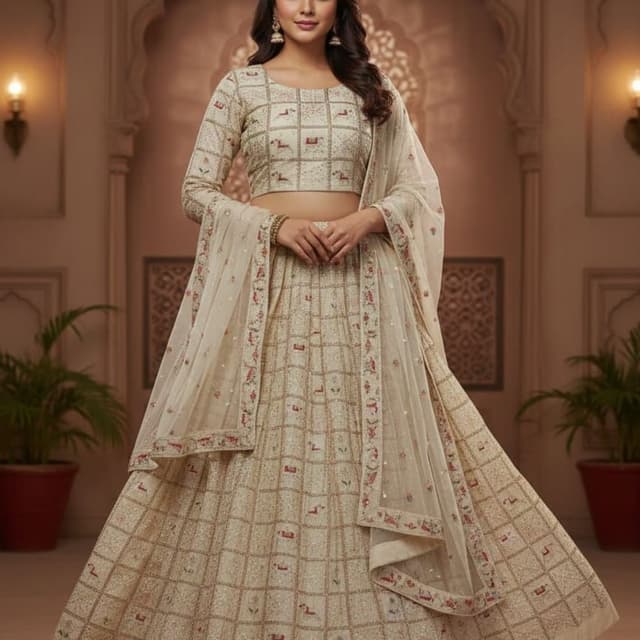 Cream, Beige, Red, Green, Gold Lehenga Choli