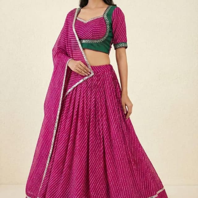 Fuchsia Pink with Green and Silver Lehenga Choli