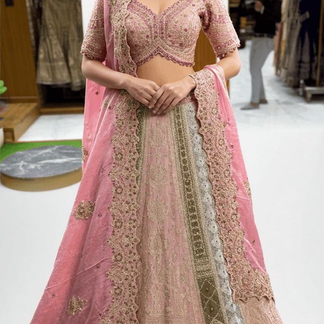 Pink, Gold, and Beige Lehenga Choli