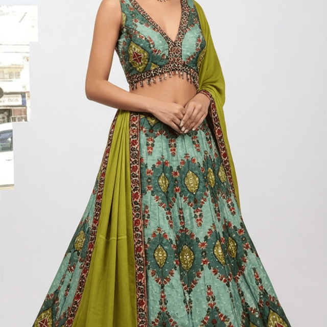 Aqua, Green, Red, Gold Lehenga Choli