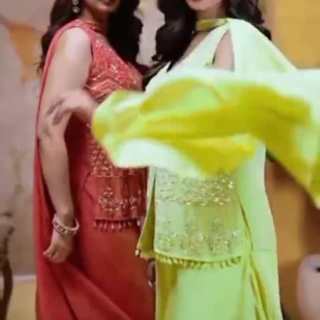 Coral Red, Lime Green Salwar Kameez, Dupatta