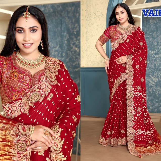 Deep Red with golden and white polka dots Saree