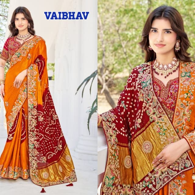 Maroon and Gold with white bandhani pattern Saree
