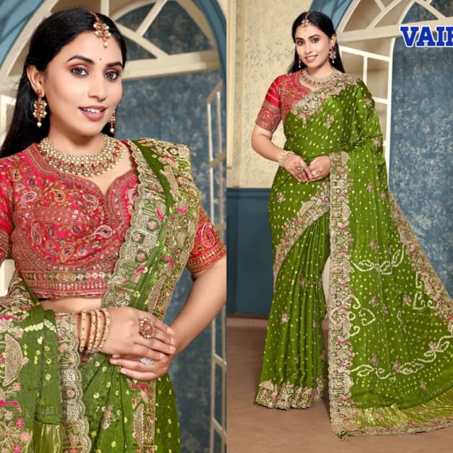 Lime green, pink, red, gold Saree