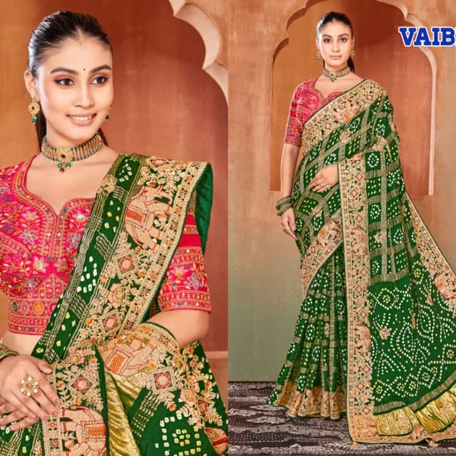 Emerald Green, Gold, Pink, White Saree