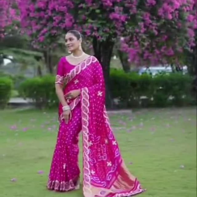 Fuchsia pink with white and gold accents Saree