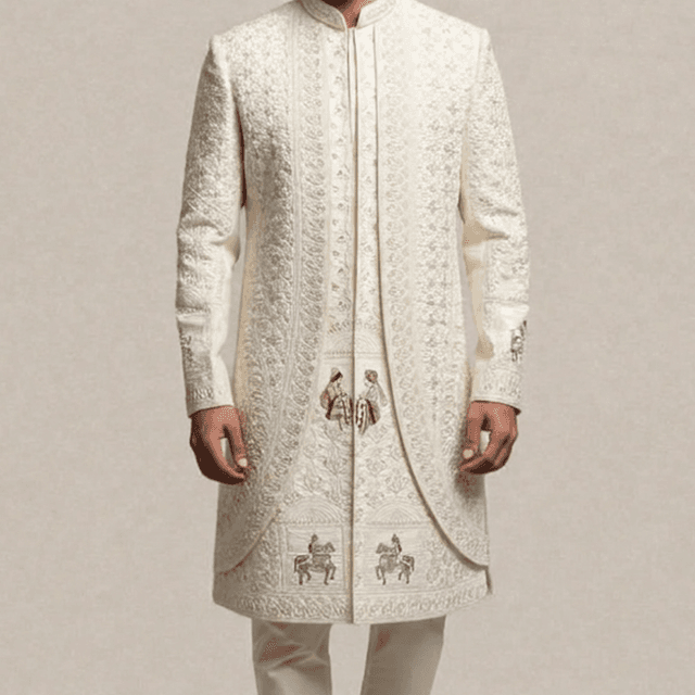 Ivory, with accents of Maroon and Beige Sherwani