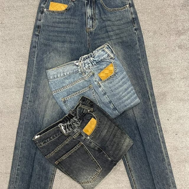 Blue denim, charcoal grey, tan/ochre accent Jeans