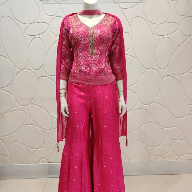 Deep Pink, Gold Kurta with Palazzo Pants and Dupatta