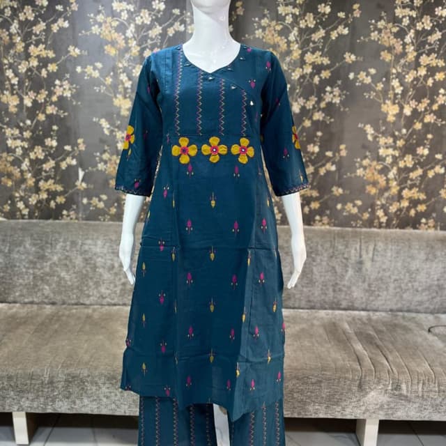 Teal with yellow and pink accents Kurta and Pant Set