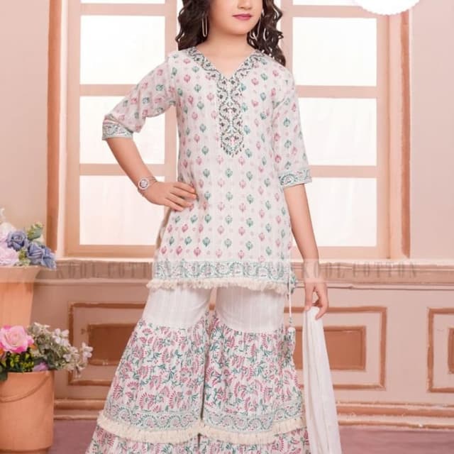 Off-white, Pink, Green Sharara Set